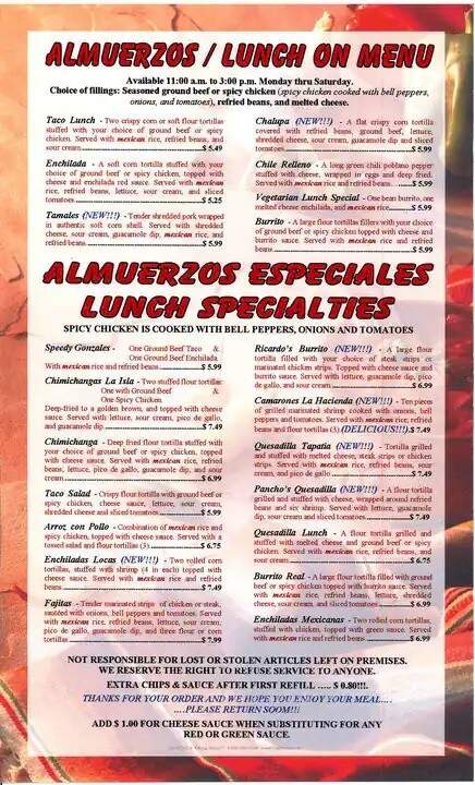 El Camino Real III Mexican - Bluffton, IN menu_pic