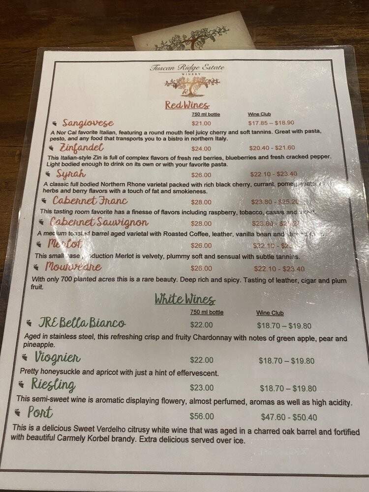 Tuscan Ridge Estate Winery - Red Bluff, CA menu_pic