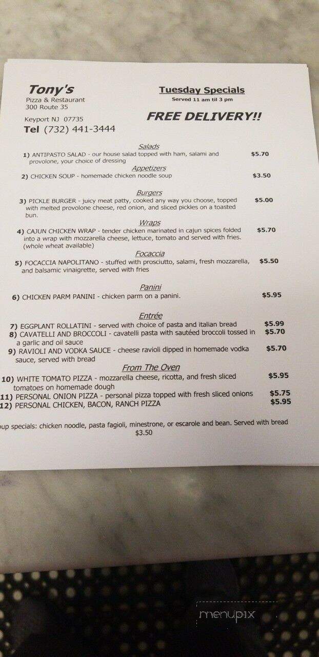 Tony's Pizza & Restaurant - Keyport, NJ menu_pic