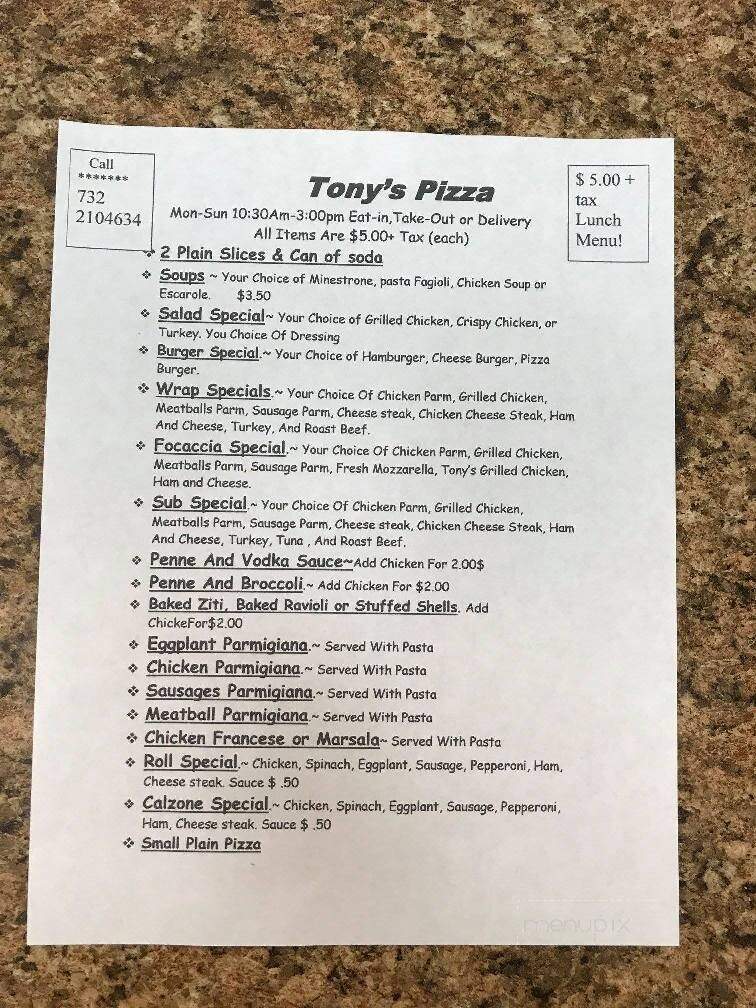 Tony's Pizza & Restaurant - Keyport, NJ menu_pic