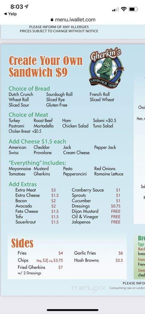 Gherkin's Sandwich Shop - Montara, CA menu_pic