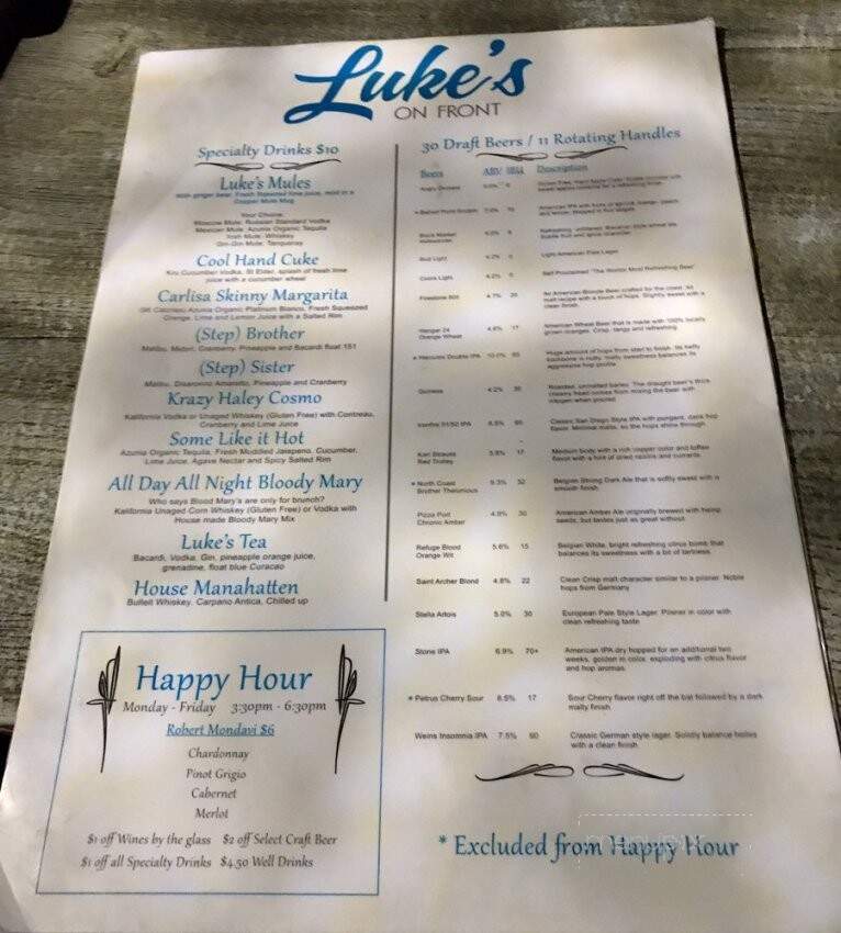Luke's on Front - Temecula, CA menu_pic
