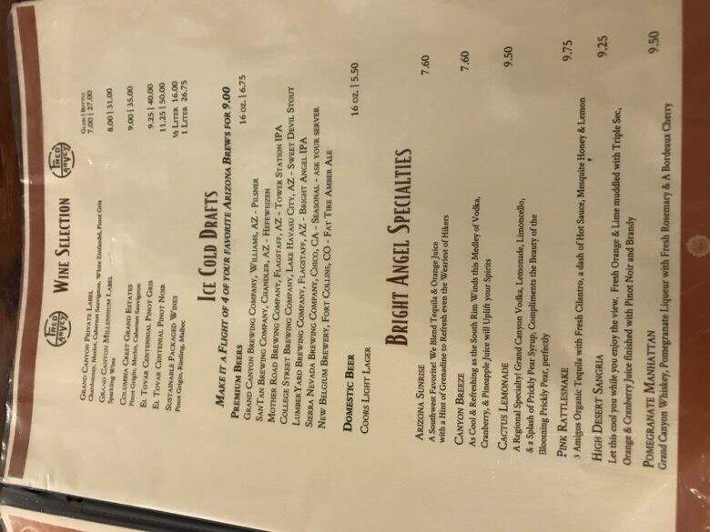 Bright Angel Restaurant, Fountain Bar - Grand Canyon Village, AZ menu_pic