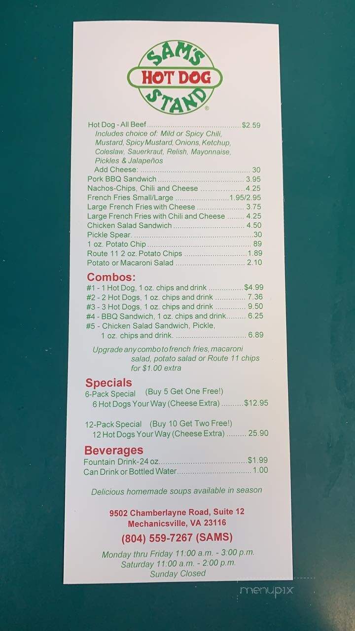Sam's Hotdog Stand - Mechanicsville, VA menu_pic