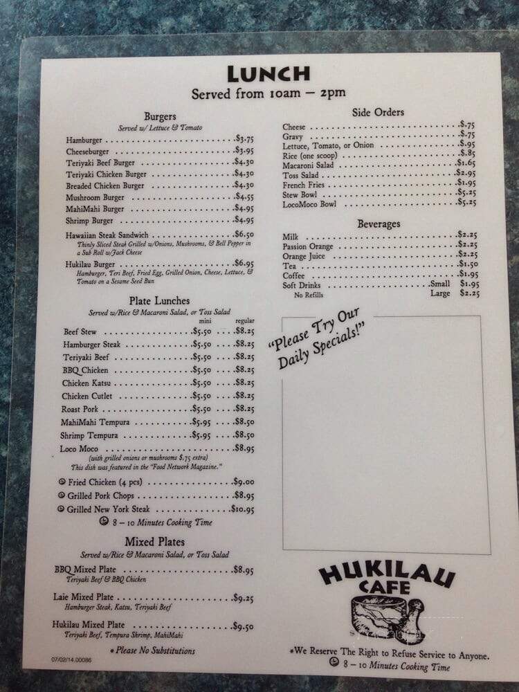Hukilau Cafe - Laie, HI menu_pic