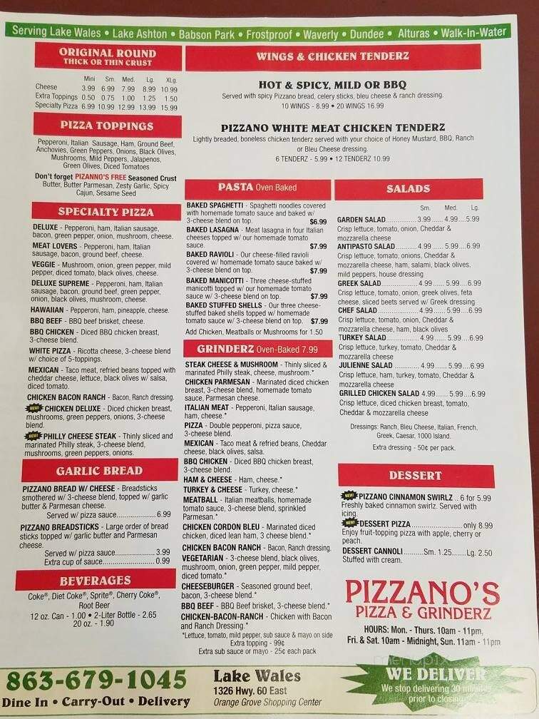 Pizzanos Pizza & Grinderz - Lake Wales, FL menu_pic