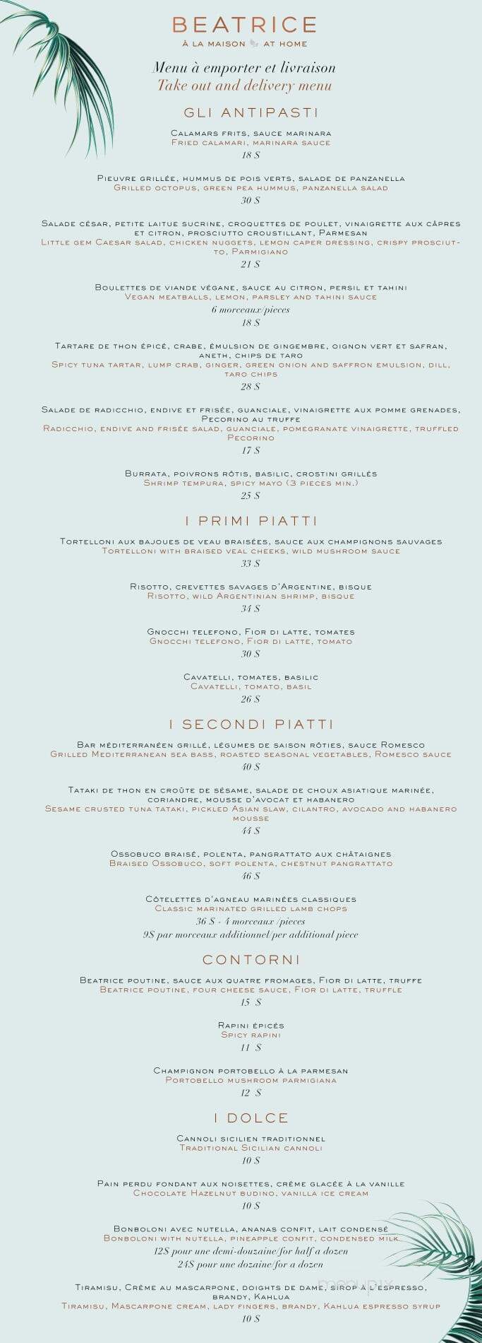 Restaurant Bice - Montreal, QC menu_pic