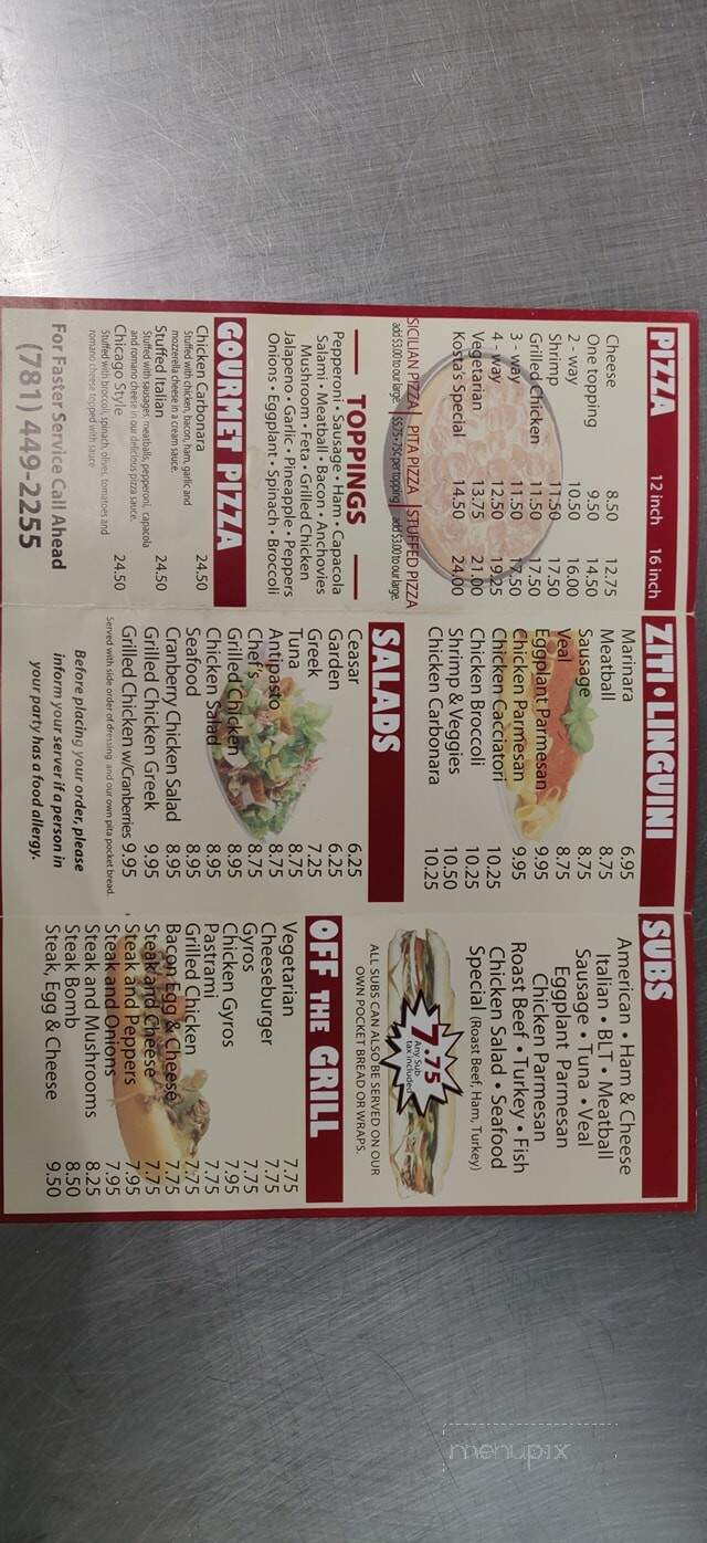 Kostas Pizza & Seafood - Needham, MA menu_pic