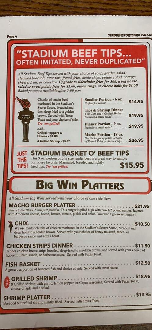 Stadium Sports Grill - Spearfish, SD menu_pic