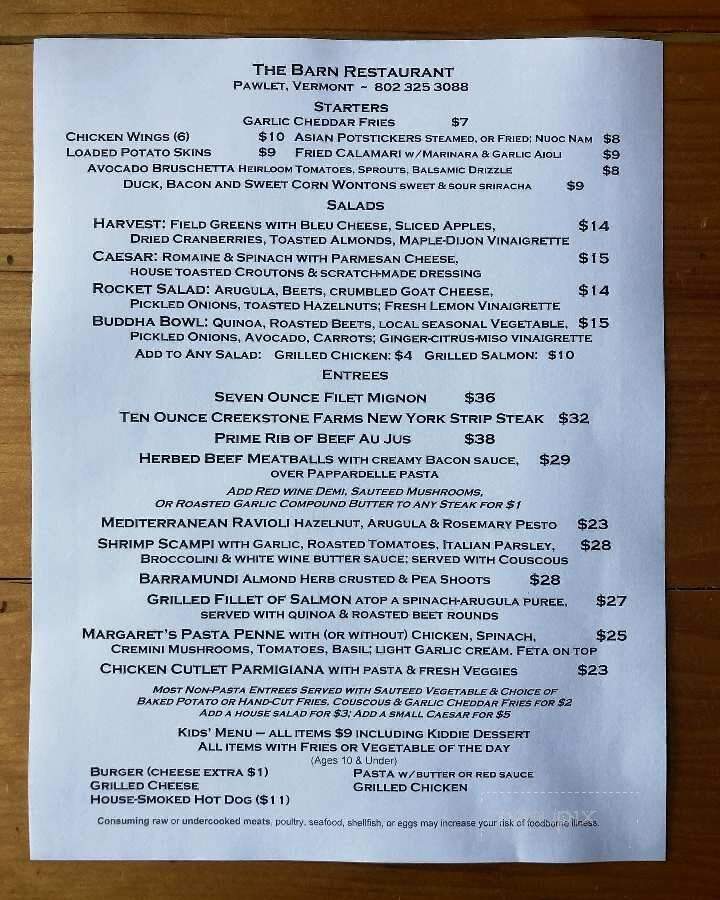 Barn Restaurant & Tavern - Pawlet, VT menu_pic