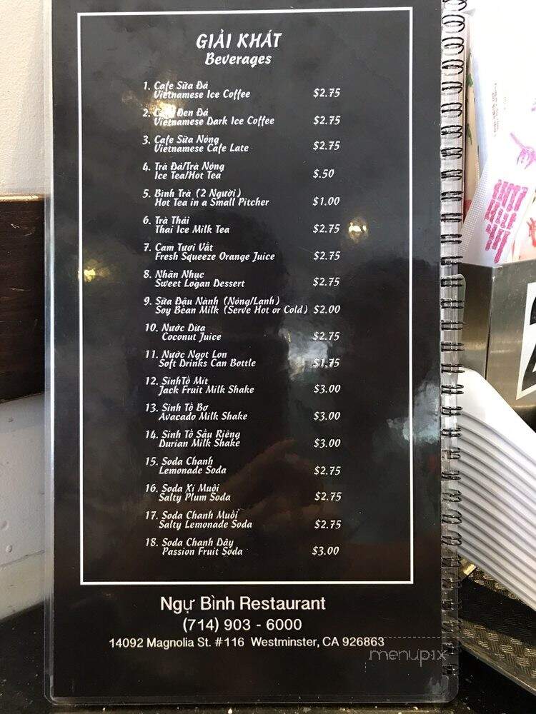 Ngu Binh Restaurant - Westminster, CA menu_pic