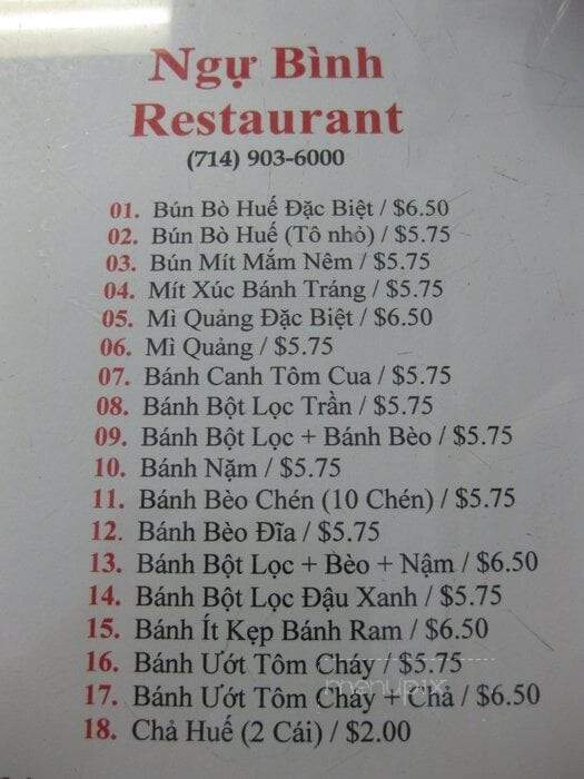 Ngu Binh Restaurant - Westminster, CA menu_pic