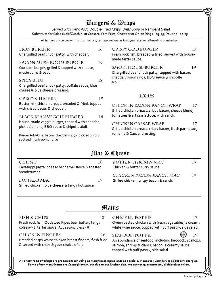 The Lion Rampant Scottish Pub - Duncan, BC menu_pic