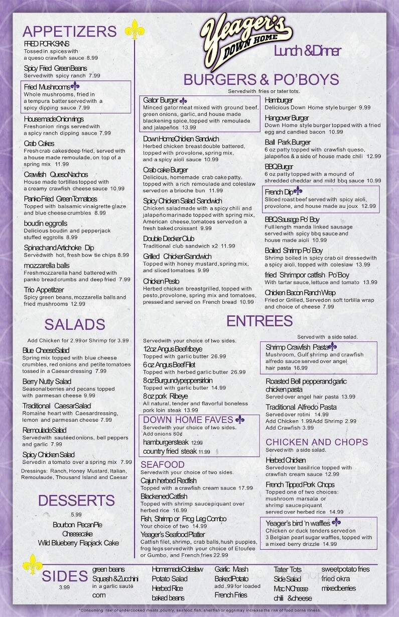 Yeagers Down Home - Denham Springs, LA menu_pic