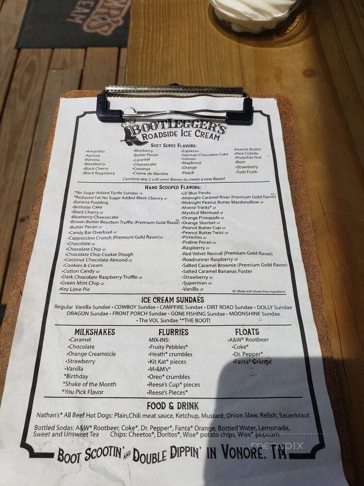 Bootlegger's Roadside Ice Cream - Vonore, TN menu_pic