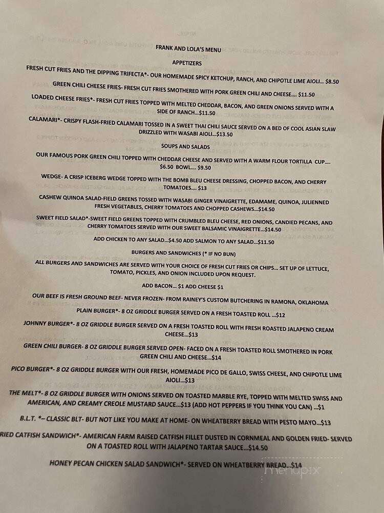 Frank & Lola's Neighborhood Restaurant & Bar - Bartlesville, OK menu_pic