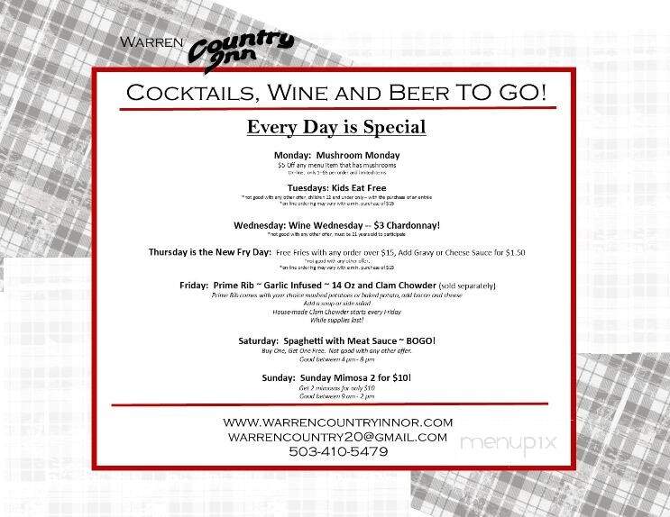 Warren Country Inn - Warren, OR menu_pic