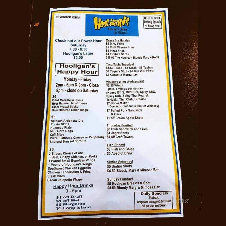 Hooligan's Sports Bar and Grill - Vancouver, WA menu_pic