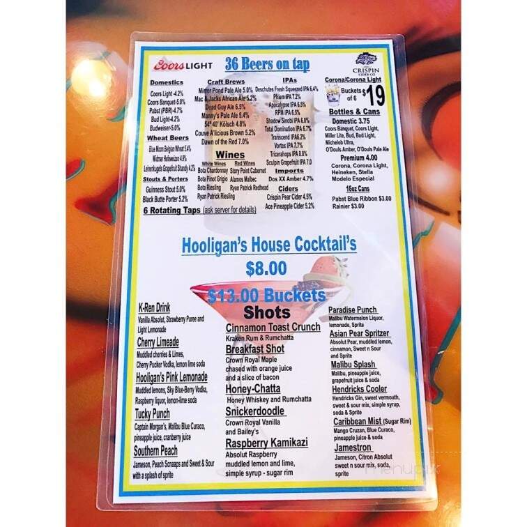 Hooligan's Sports Bar and Grill - Vancouver, WA menu_pic