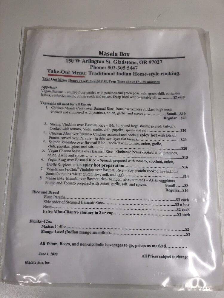 Masala Box - Gladstone, OR menu_pic