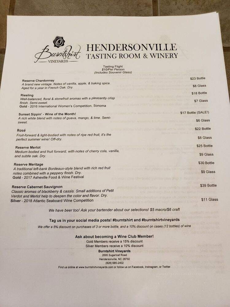Burntshirt Vineyards - Hendersonville, NC menu_pic