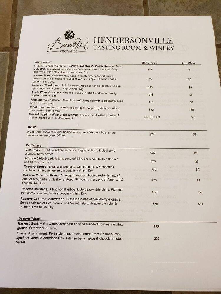 Burntshirt Vineyards - Hendersonville, NC menu_pic