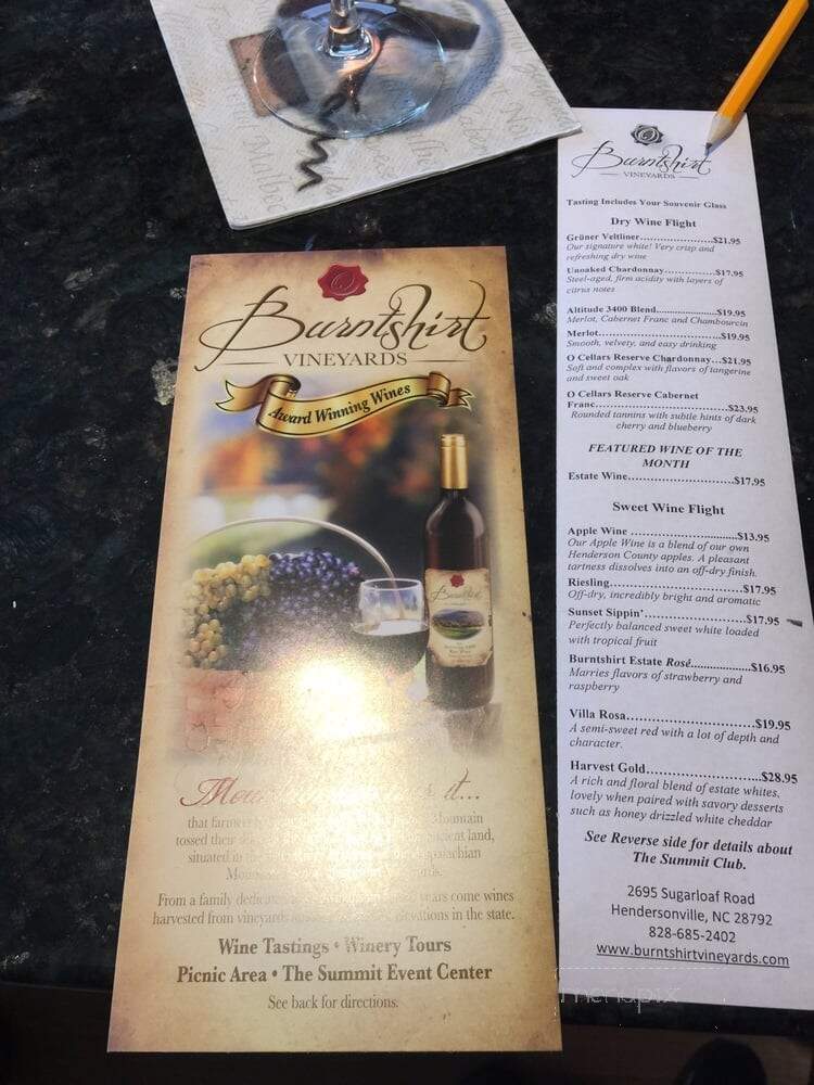 Burntshirt Vineyards - Hendersonville, NC menu_pic