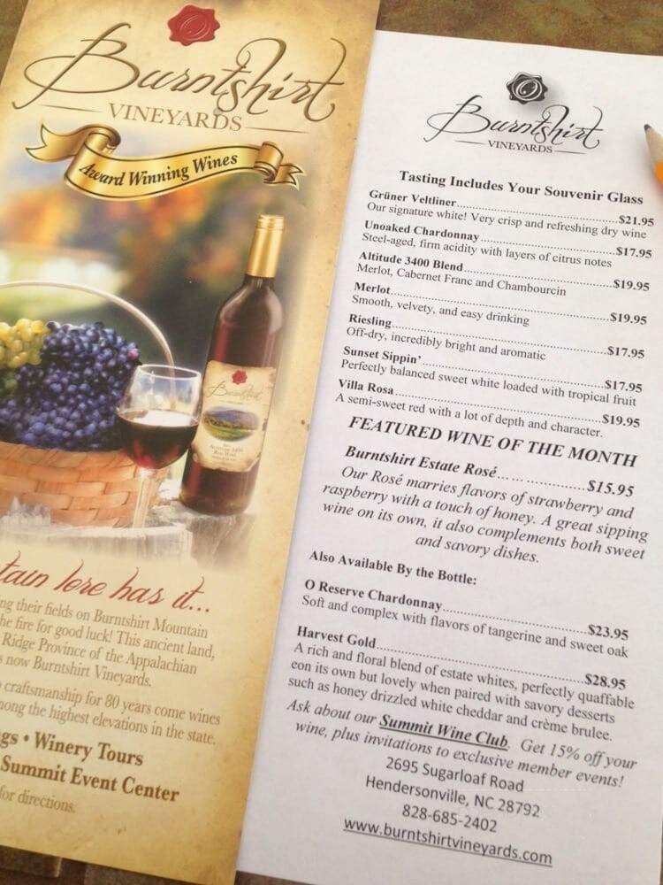 Burntshirt Vineyards - Hendersonville, NC menu_pic