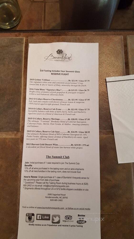 Burntshirt Vineyards - Hendersonville, NC menu_pic