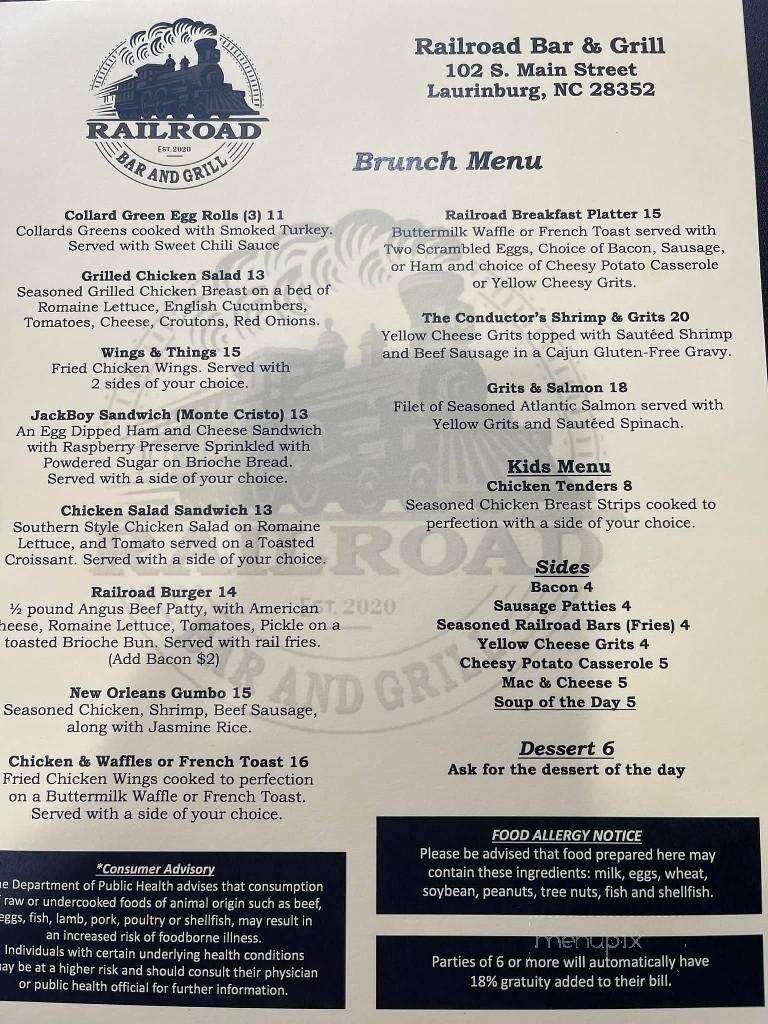 Railroad Bar and Grill - Laurinburg, NC menu_pic