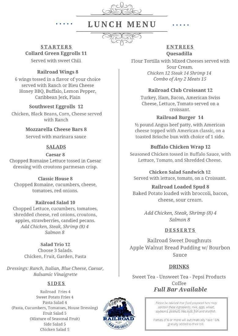 Railroad Bar and Grill - Laurinburg, NC menu_pic