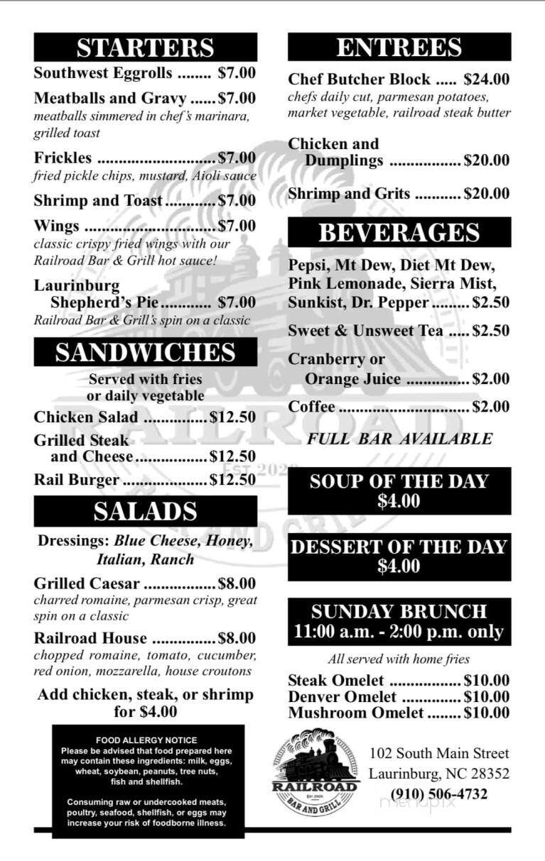 Railroad Bar and Grill - Laurinburg, NC menu_pic
