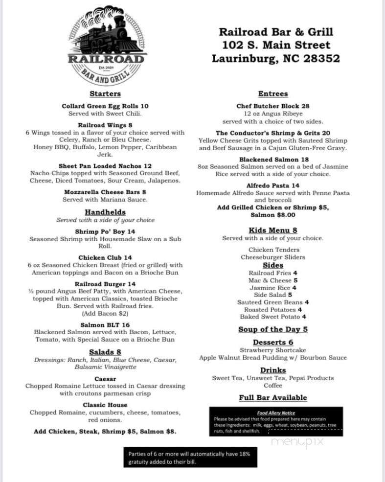 Railroad Bar and Grill - Laurinburg, NC menu_pic