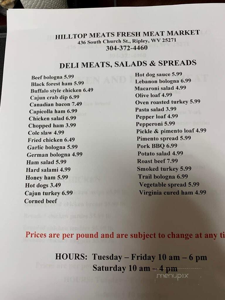 Hilltop Meats - Ripley, WV menu_pic