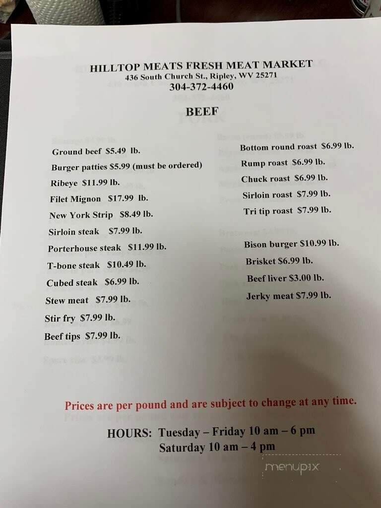 Hilltop Meats - Ripley, WV menu_pic