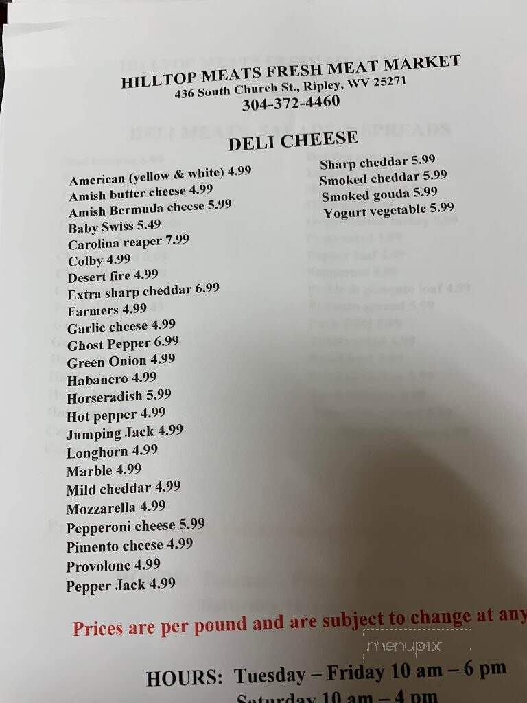 Hilltop Meats - Ripley, WV menu_pic