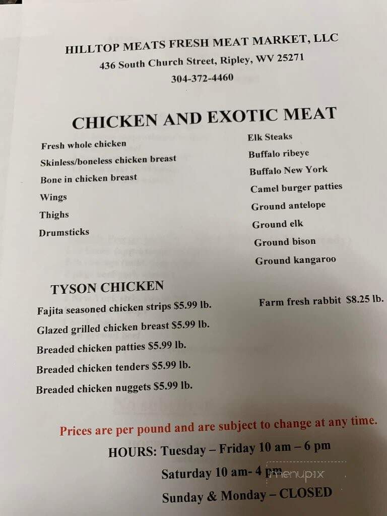 Hilltop Meats - Ripley, WV menu_pic
