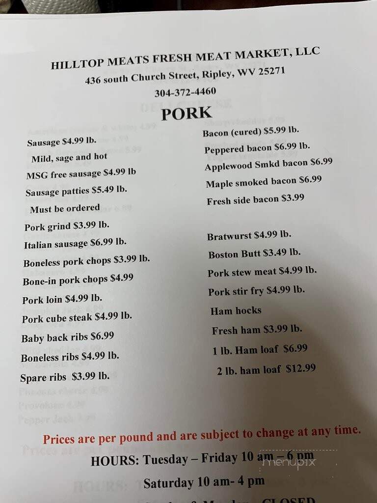 Hilltop Meats - Ripley, WV menu_pic