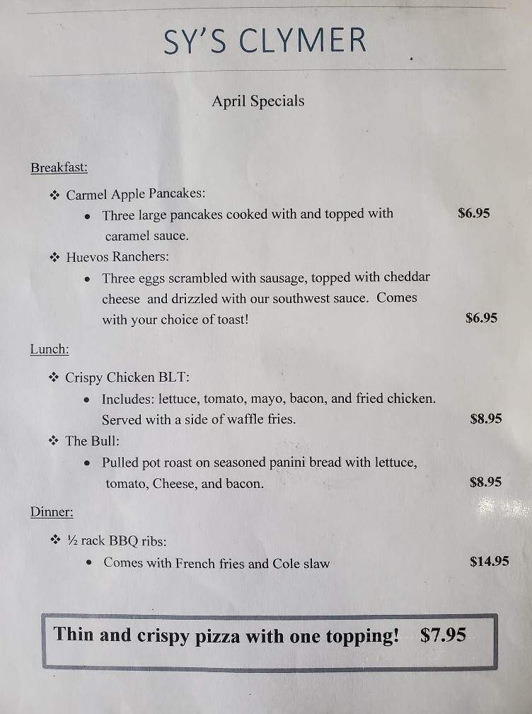 Sy's - Clymer, PA menu_pic