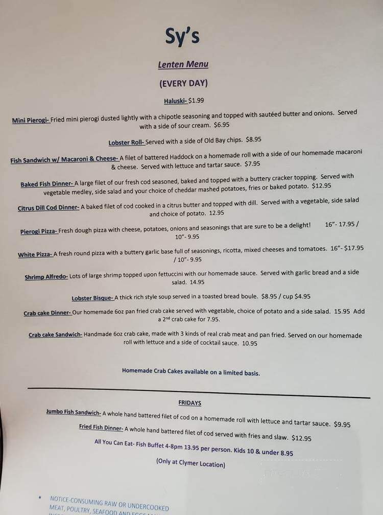 Sy's - Clymer, PA menu_pic