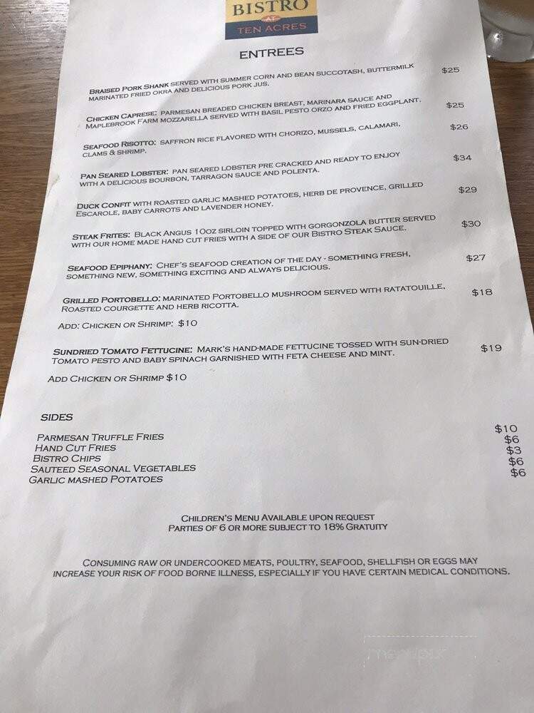 The Bistro At Ten Acres - Stowe, VT menu_pic
