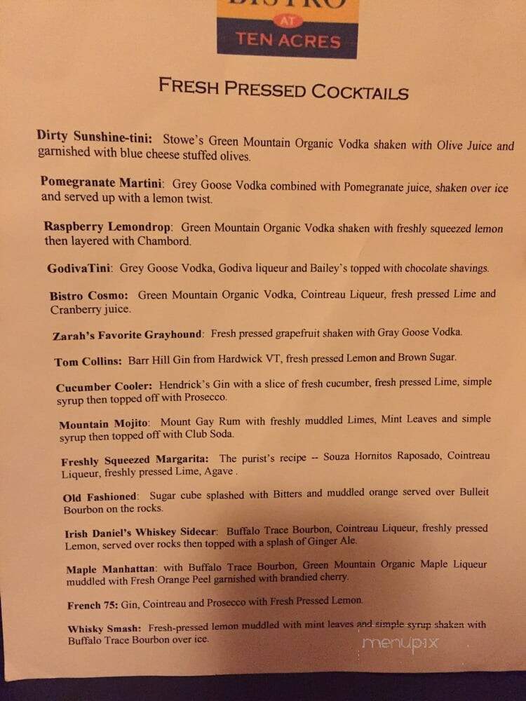 The Bistro At Ten Acres - Stowe, VT menu_pic