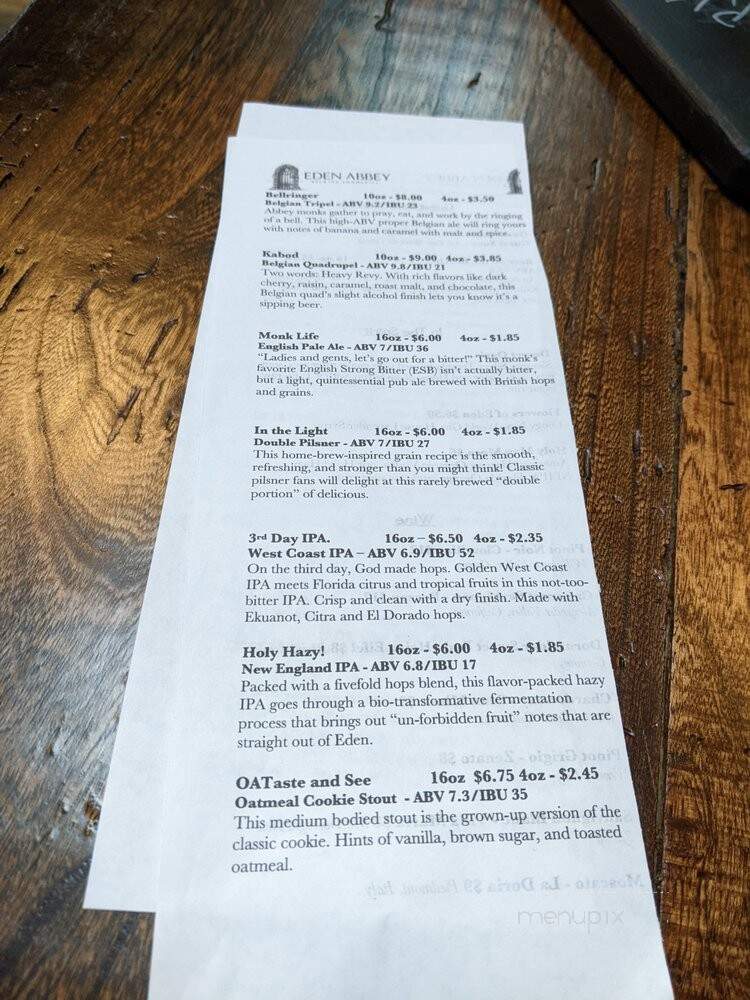 Eden Abbey Brewing Community - Mount Dora, FL menu_pic