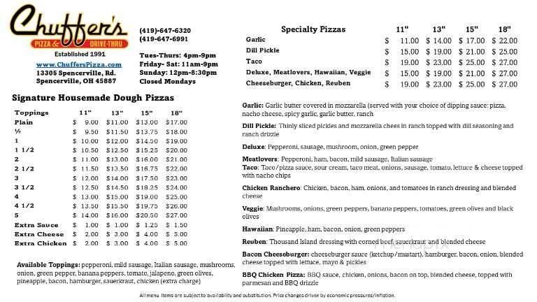 Chuffer's Drive-Thru - Spencerville, OH menu_pic