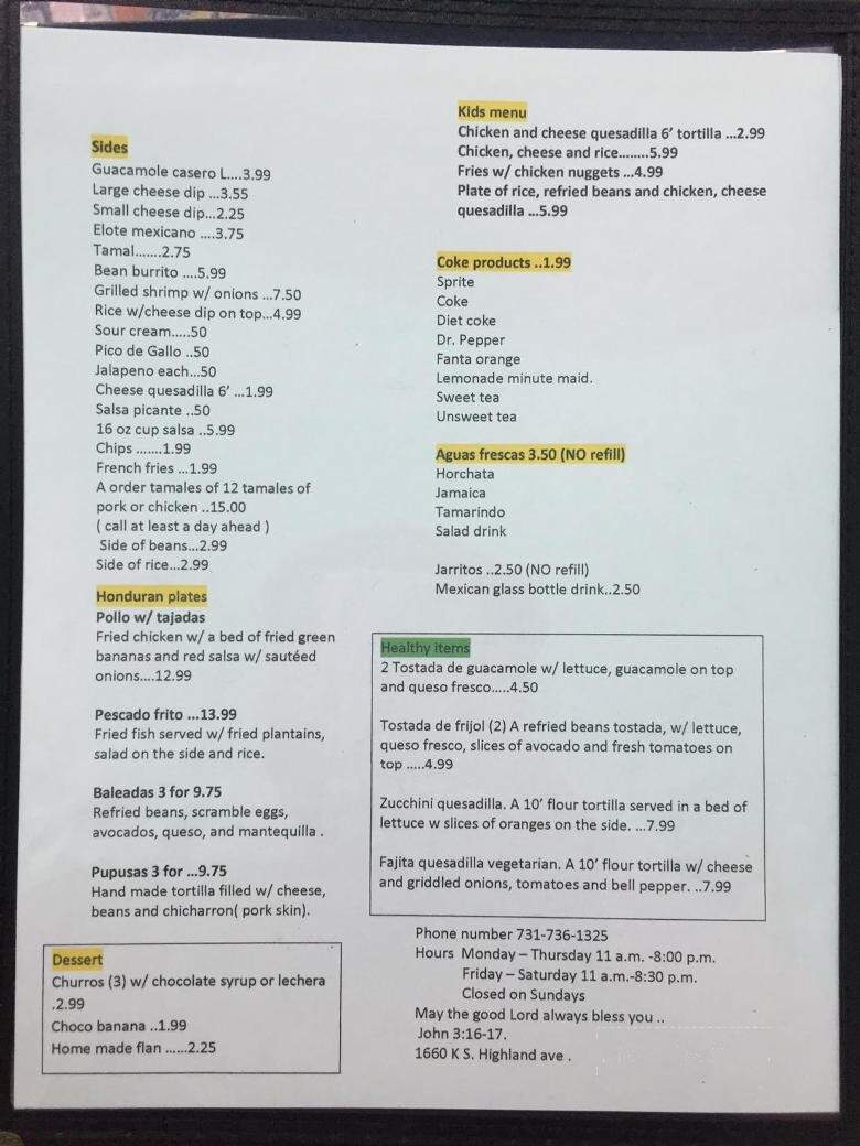 Baja Sur Restaurant - Jackson, TN menu_pic