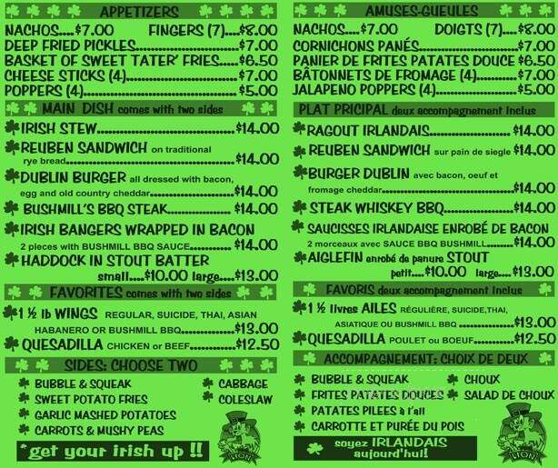 Golden Lion Pub - Lennoxville, QC menu_pic