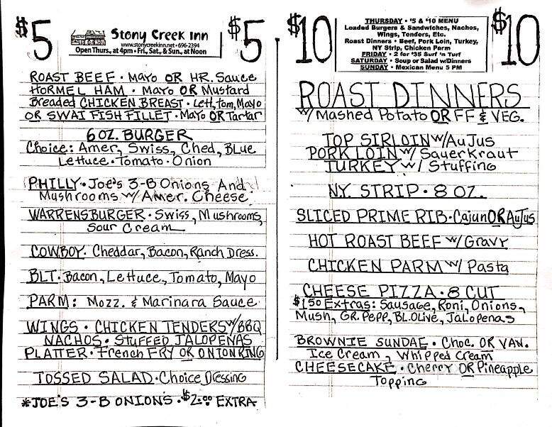 Stony Creek Inn & Rest - Stony Creek, NY menu_pic