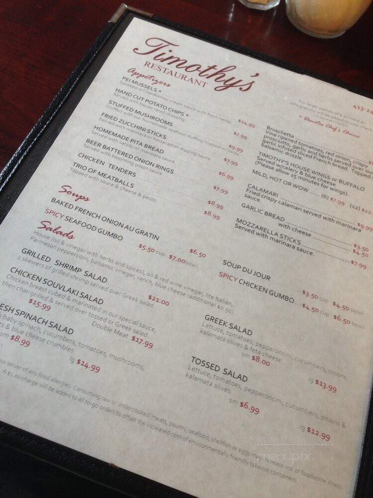Timothy's Restaurant & Pizzeria - Lee, MA menu_pic