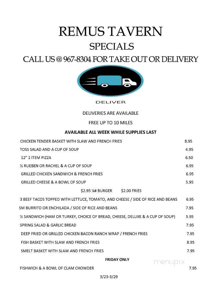Remus Tavern - Remus, MI menu_pic