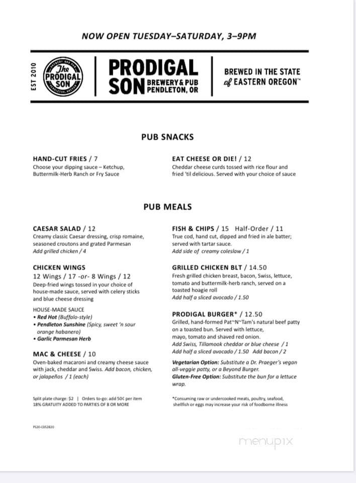 Prodigal Son Brewery & Pub - Pendleton, OR menu_pic